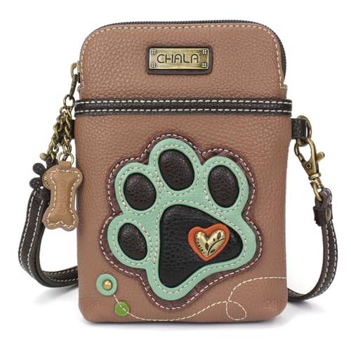 CHALA Dog Collection Cell Phone Crossbody Purse-Women PU Leather/Canvas Multicolor Handbag with Adjustable Strap - Paw Print - teal - brown - Image 1