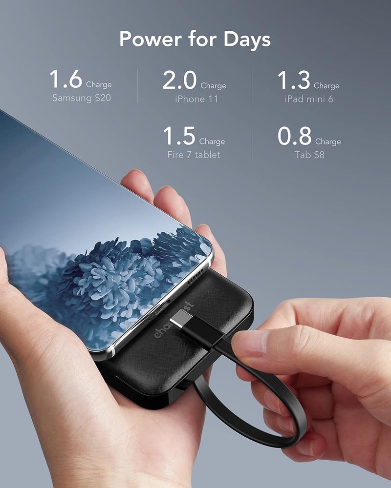 Charmast Power Bank with Built in Cable, 10000mAh USB C Battery pack 6 Outputs 2 Inputs with LED Display Type C Powerbank Portable Charger Compatible with Smartphones Tablets and More - Image 4