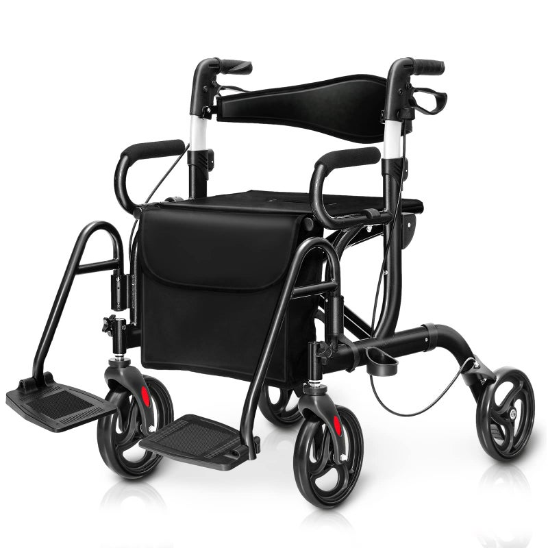 Goplus 2 in 1 Rollator Walker for Seniors Medical Walker with Seat Folding Transport Wheelchair Rollator with 8 Wheels Reversible Backrest Footrests Aluminum Mobility Walking Aid Black