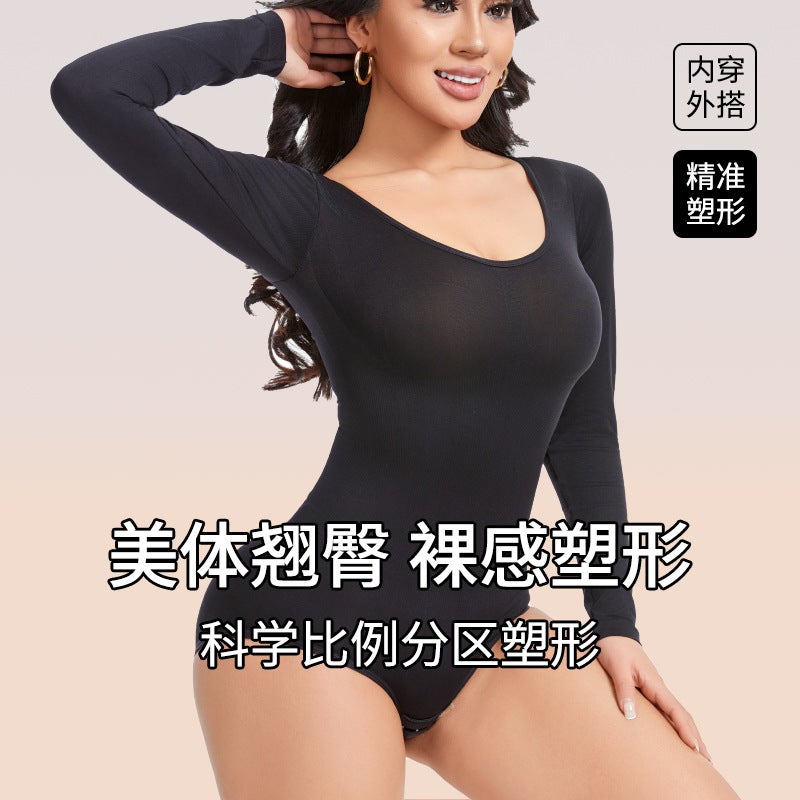 Body Shaping Jumbo Women'S One-Piece High-Elastic Seamless Belly-Lifting Hip Inner Long-Sleeved Tunic Slim-Fit Jumbo - Image 5