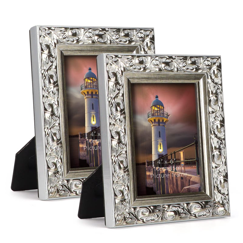 Edenseelake 4x6 Picture Frame Set of 2 Vintage Photo Frame with Carved Retro Pattern for Tabletop and Wall Decoration Silver
