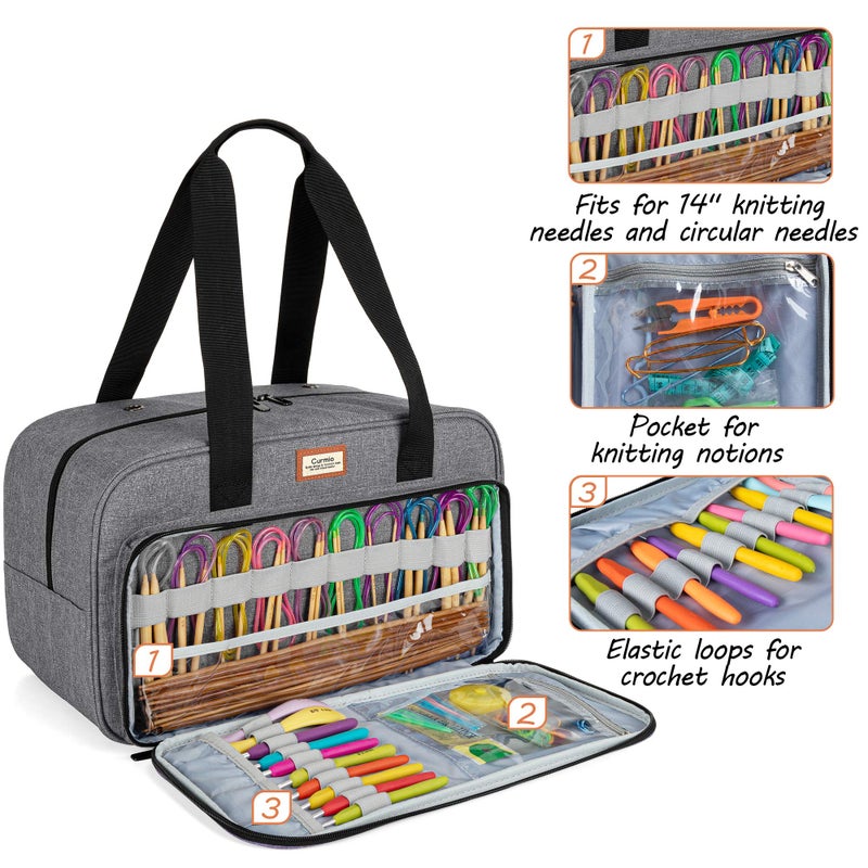 CURMIO Yarn Storage Bag, Knitting Tote Bag For Crochet Hooks, Knitting Project and Accessories, Ideal for Crochet Beginners and Knitting Lovers, Bag Only, Gray - Image 2