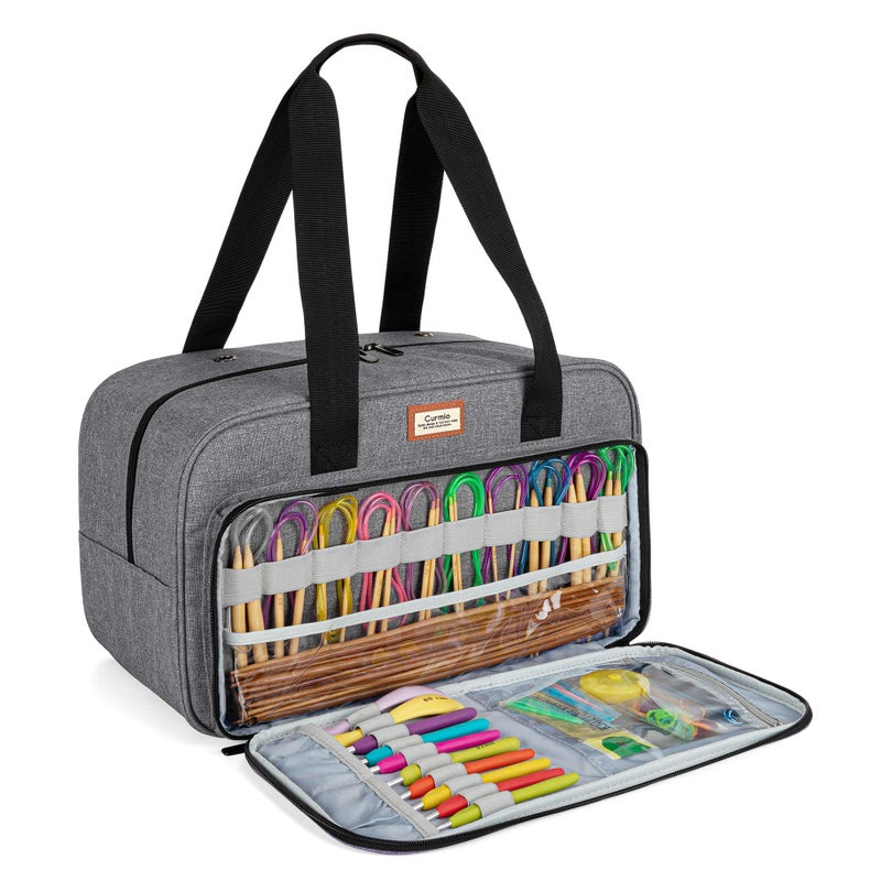 CURMIO Yarn Storage Bag, Knitting Tote Bag For Crochet Hooks, Knitting Project and Accessories, Ideal for Crochet Beginners and Knitting Lovers, Bag Only, Gray - Image 1