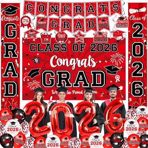 Oigco Graduation Decorations Class of 2026 Red Graduation Party Supplies with Congrats Grad Backdrop Banner Hanging Swirls Porch Sign Balloons for High School College Celebrations - Image 1