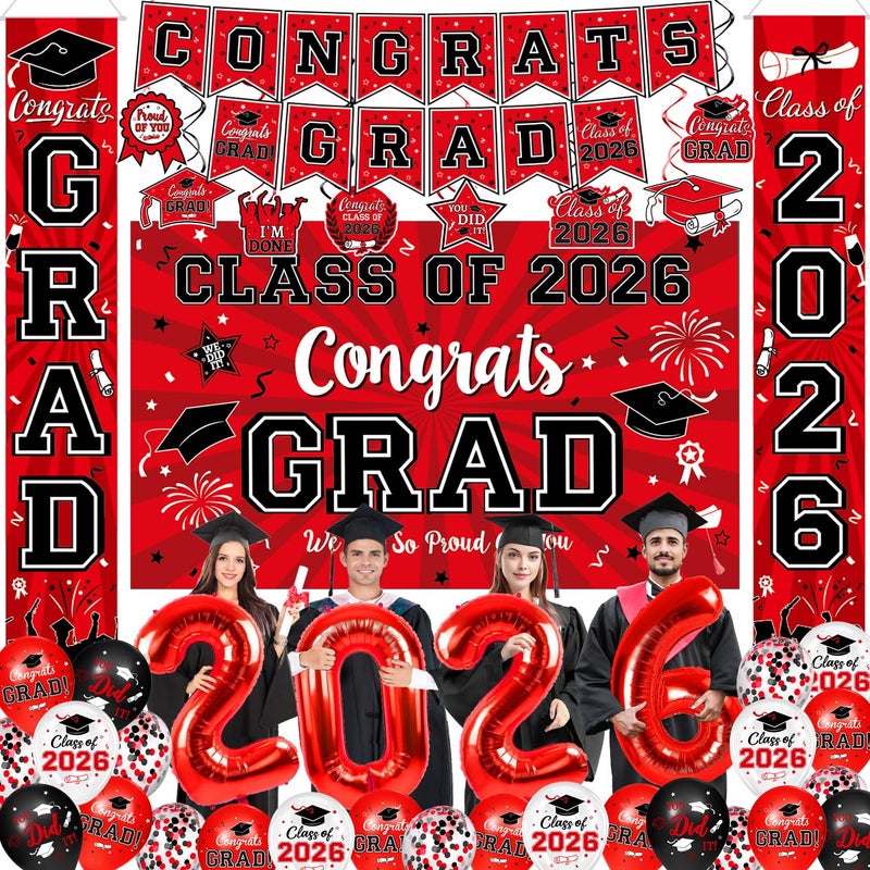 Oigco Graduation Decorations Class of 2026 Red Graduation Party Supplies with Congrats Grad Backdrop Banner Hanging Swirls Porch Sign Balloons for High School College Celebrations - Image 2