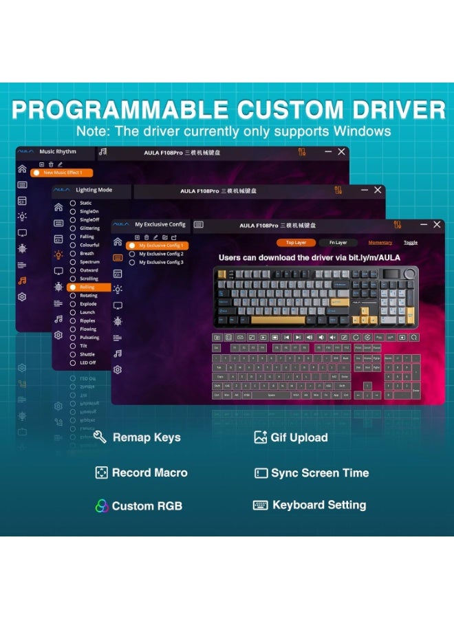 AULA F108 PRO - لوحة مفاتيح ميكانيكية لاسلكية مع شاشة ومقبض، لوحة مفاتيح كاملة الحجم مع بطارية 8000mAh، مفتاح Reaper مسبق التشحيم، مفاتيح PBT مطبوعة من الجانبين، لوحات مفاتيح مخصصة للألعاب مع إضاءة خلفية RGB قابلة للتبديل - Image 3