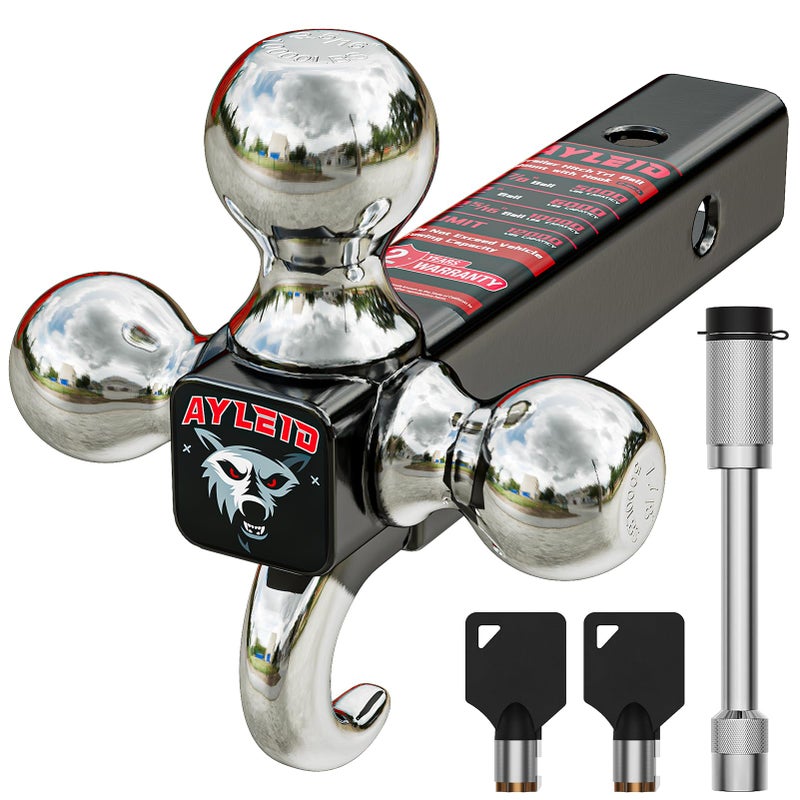 Ayleid Trailer Hitch Tri-Ball Mount with Hook & Pin Balls Sized 1-7/8 , 2 & 2-5/16 inches , Tow Hitch with Anti-Theft Locking Pin, Silver - Image 1