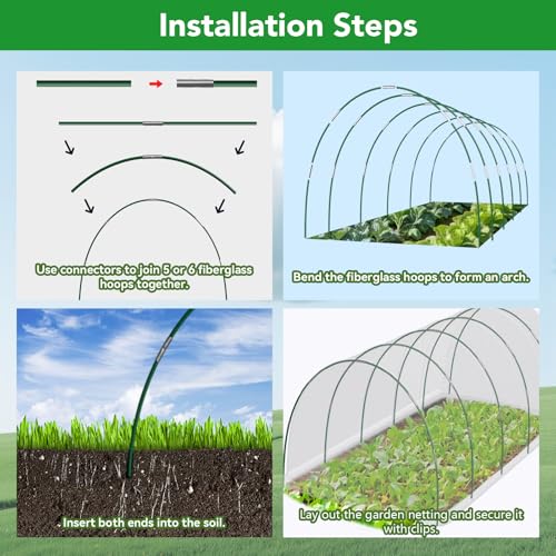 Hoyejyou Garden Mesh Netting Kit for Raised Beds, 10x30FT Green Garden Netting ＆6 Sets Fiberglass Garden Hoops, Row Cover Garden Netting Pest Barrier Plant Protection for Vegetable Flowers Fruits - Image 5