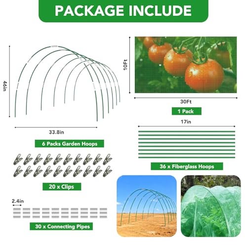 Hoyejyou Garden Mesh Netting Kit for Raised Beds, 10x30FT Green Garden Netting ＆6 Sets Fiberglass Garden Hoops, Row Cover Garden Netting Pest Barrier Plant Protection for Vegetable Flowers Fruits - Image 3