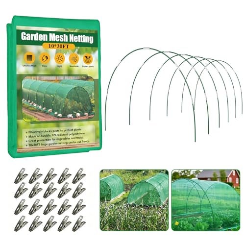 Hoyejyou Garden Mesh Netting Kit for Raised Beds, 10x30FT Green Garden Netting ＆6 Sets Fiberglass Garden Hoops, Row Cover Garden Netting Pest Barrier Plant Protection for Vegetable Flowers Fruits - Image 1