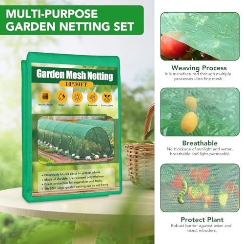 Hoyejyou Garden Mesh Netting Kit for Raised Beds, 10x30FT Green Garden Netting ＆6 Sets Fiberglass Garden Hoops, Row Cover Garden Netting Pest Barrier Plant Protection for Vegetable Flowers Fruits - Image 2