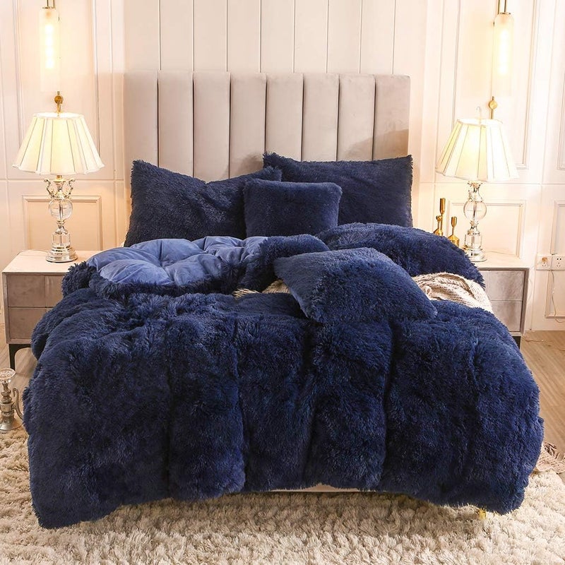 Uhamho Faux Fur Velvet Fluffy Bedding Duvet Cover Set Down Comforter Quilt Cover with Pillow Sham, Ultra Soft Warm (Twin, Navy) - Image 1