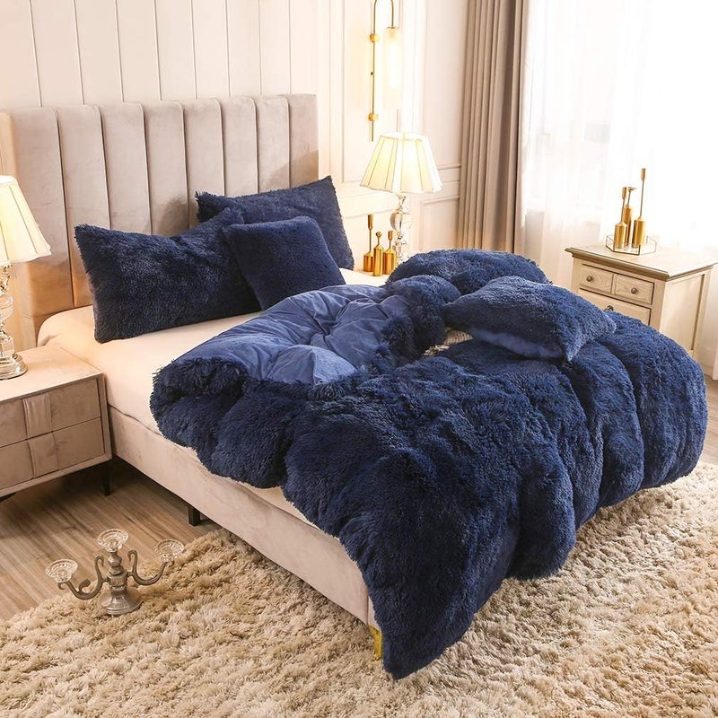 Uhamho Faux Fur Velvet Fluffy Bedding Duvet Cover Set Down Comforter Quilt Cover with Pillow Sham, Ultra Soft Warm (Twin, Navy) - Image 2