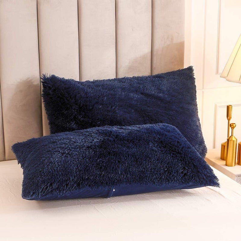 Uhamho Faux Fur Velvet Fluffy Bedding Duvet Cover Set Down Comforter Quilt Cover with Pillow Sham, Ultra Soft Warm (Twin, Navy) - Image 4