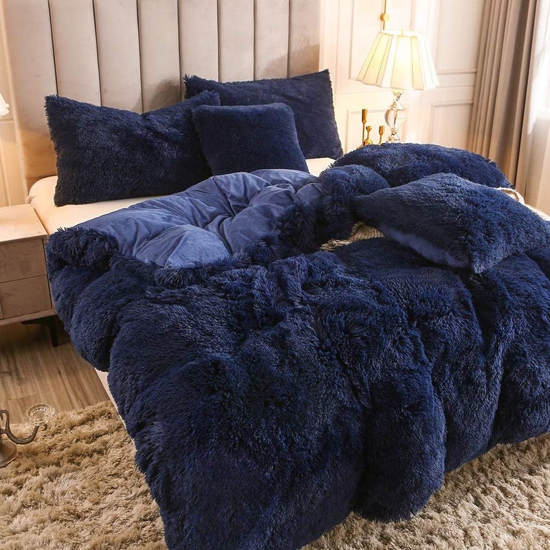 Uhamho Faux Fur Velvet Fluffy Bedding Duvet Cover Set Down Comforter Quilt Cover with Pillow Sham, Ultra Soft Warm (Twin, Navy) - Image 3