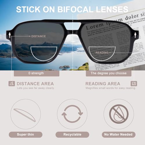 OuShiun Stick-on Bifocal Readers for Sunglasses, No Water or Adhesive Needed, Reusable Reading Lenses for Glasses Goggles(1FU +2.5) - Image 3