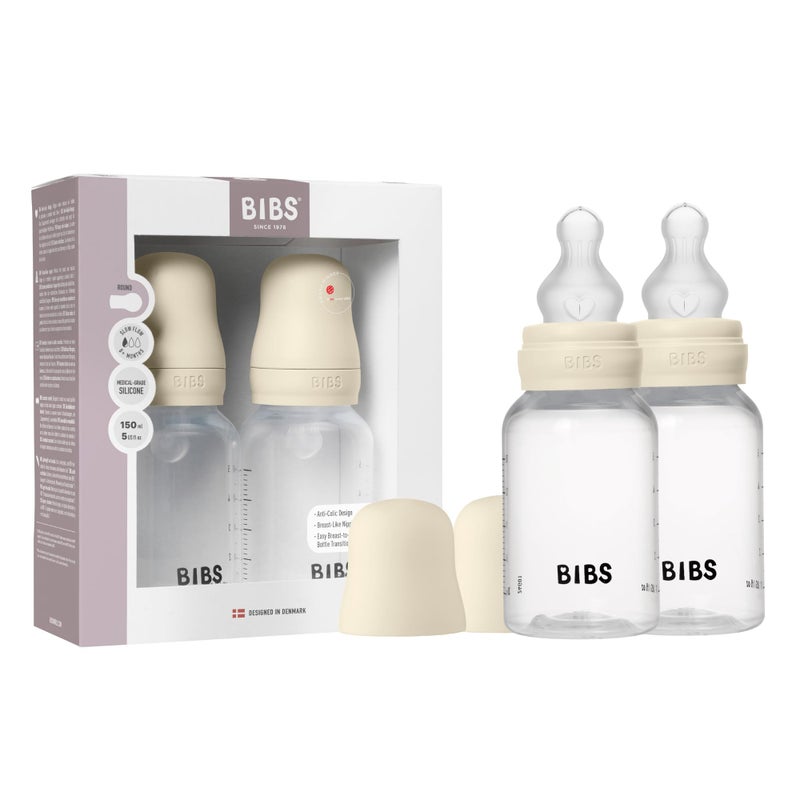 BIBS Baby Bottle 5 oz / 150 ml Silicone Nipple 2 Pack - Anti-Colic, BPA-Free, Round Nipple, Slow Flow, Lightweight & Easy to Clean, Suitable for Newborns 0+ Years - Ivory - Image 1