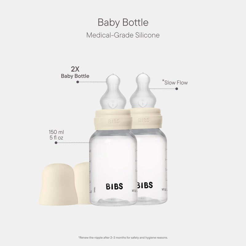 BIBS Baby Bottle 5 oz / 150 ml Silicone Nipple 2 Pack - Anti-Colic, BPA-Free, Round Nipple, Slow Flow, Lightweight & Easy to Clean, Suitable for Newborns 0+ Years - Ivory - Image 2