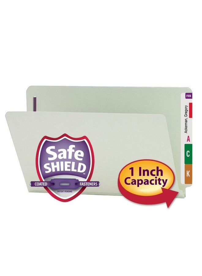 Smead End Tab Pressboard Fastener File Folder With Safeshield Fasteners 2 Fasteners 1" Expansion Legal Size Gray Green 25 Per Box (37705)  - Image 3