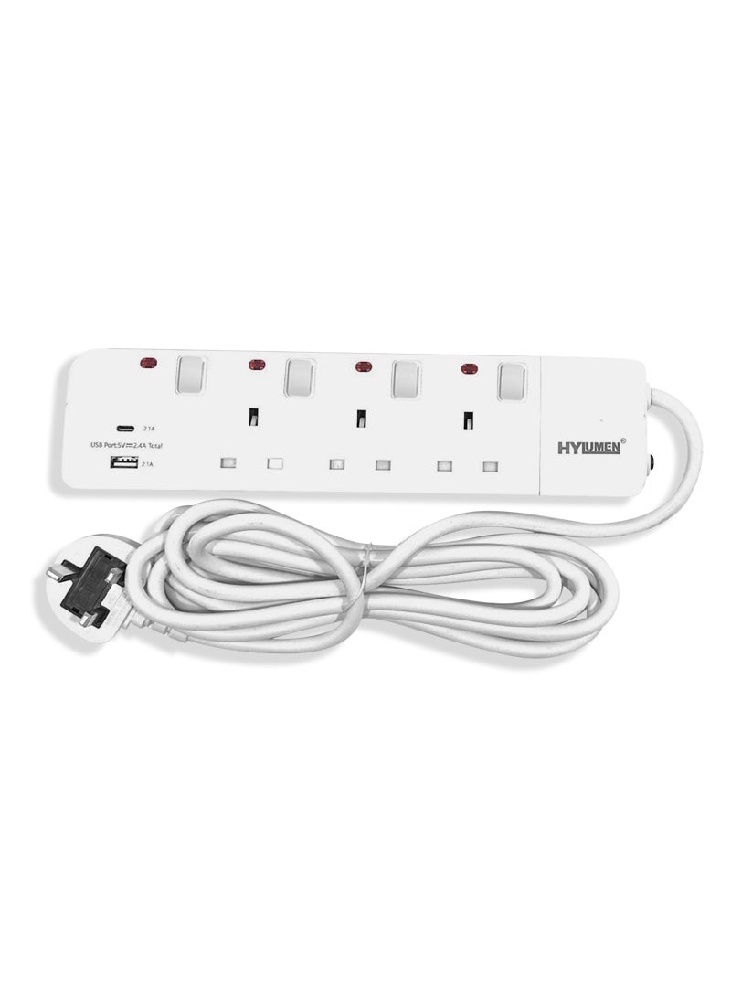 Hylumen 3 Socket Extension Cord - 3 Meter with USB and Type C Port, Heavy Duty, Multi-Plug Power Strip for Home & Office, Surge Protection - Image 2