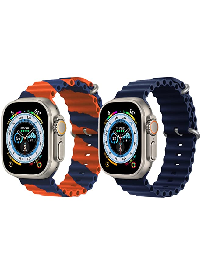 IAF Silicone Ocean Band Strap for Apple Watch Ultra 8 49mm Orange/Blue Double Line Strap with Navy Blue Single Color Strap Set of 2