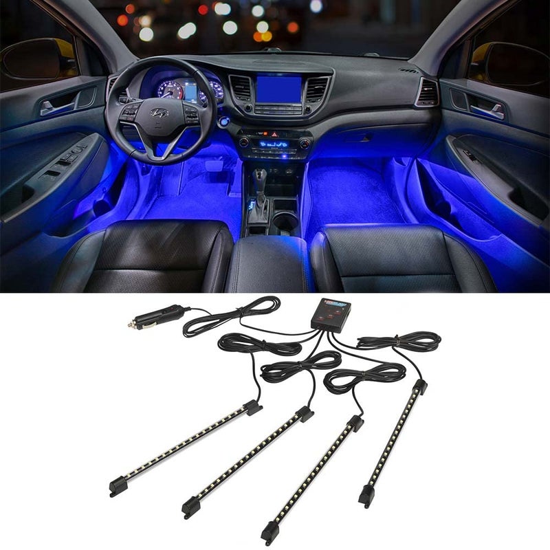 LEDGlow 4pc Blue LED Interior Footwell Underdash Neon Lighting Kit for Cars Trucks 7 Unique Patterns Music Mode 8 Brightness Levels Auto Illumination Includes Cigarette Power Adapter