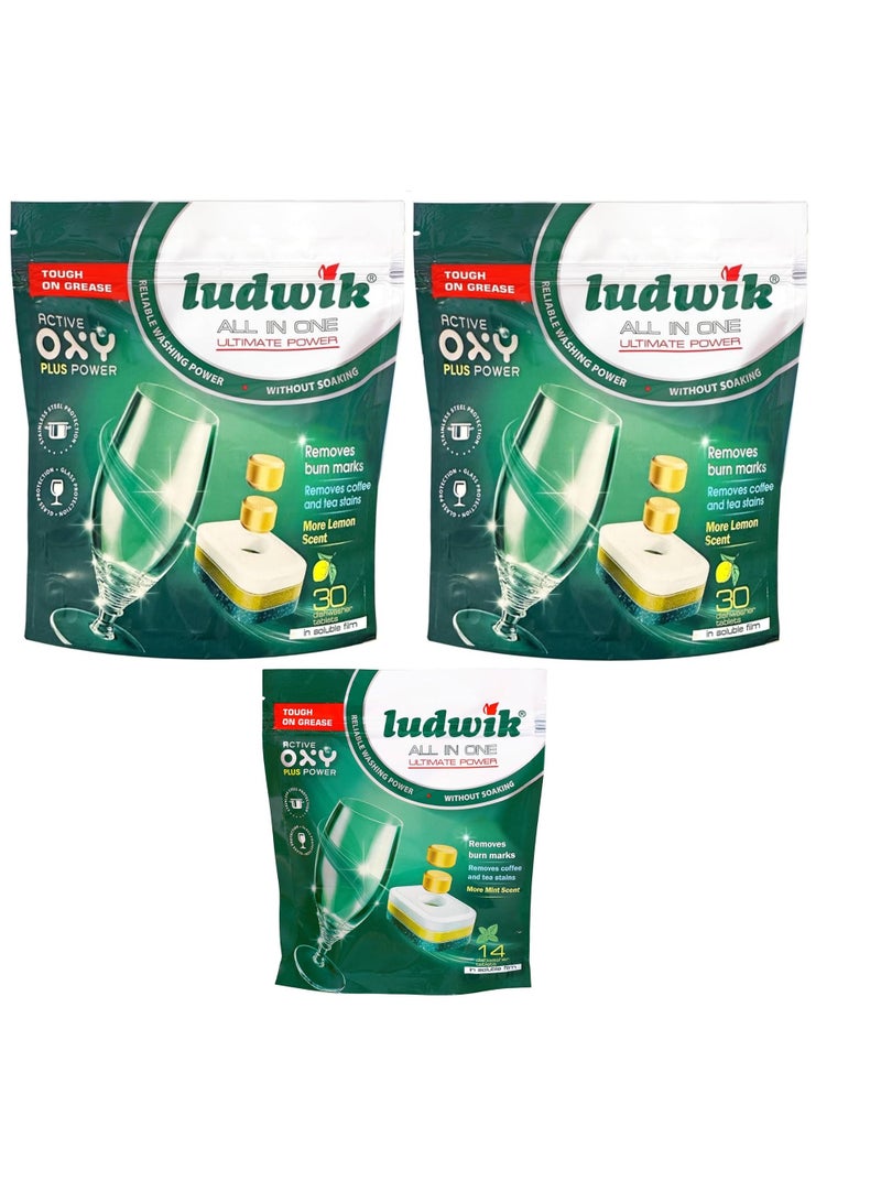 ludwik Ludwik All in One Dishwasher Tablets with Lemon Extract, 30 Tablets (2 Pack) + 14 Tablets with Mint Extract (1 Pack)  - Image 1