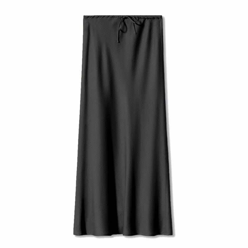 Cross-border Amazon high quality Satin 2024 Long Dress High Waist Drawstring Lace Solid Color Skirt Womens Cross-border Womens Clothing Black