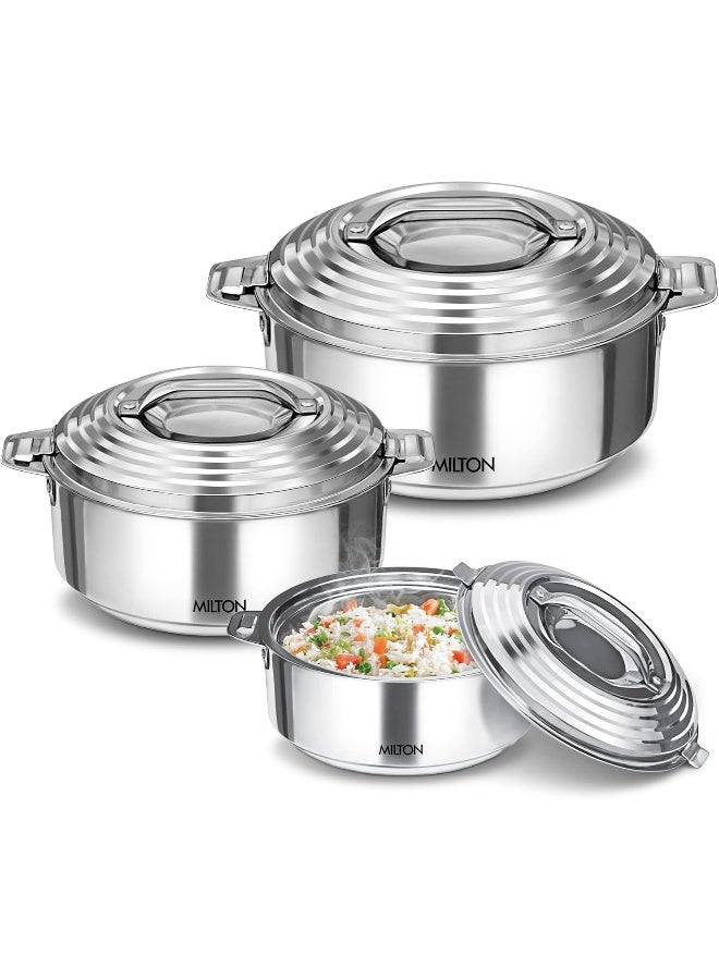 Milton Galaxia Stainless Steel Casserole, Set of 3, (1.2 litre, 2.099 litre, 2.45 litre), Silver | PU Insulated | Double Walled | Hot and Cold - Image 1