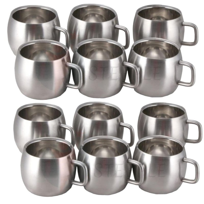 STEEPLE Stainless Steel Tea Cups Set Of 12 Coffee Mug Apple Shape Chai Set Steel Double Wall Pack Of 12 Silver 100 milliliter - Image 1