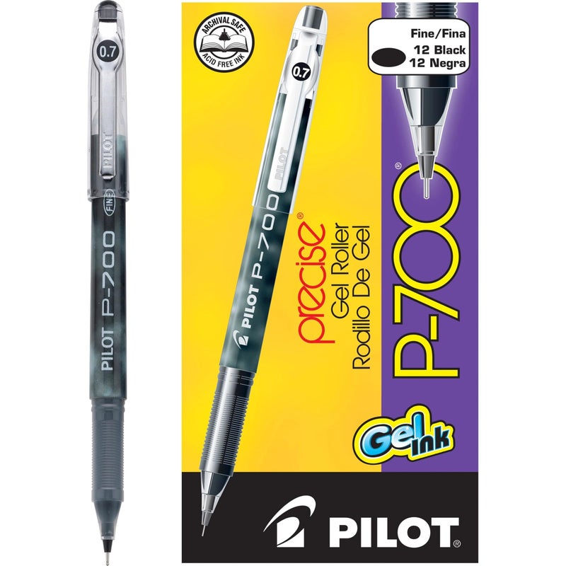 Pilot, Precise P-700 Gel Ink Rolling Ball Stick Pens, Marbled Barrel, Fine Point 0.7 mm, Black, Pack of 12
