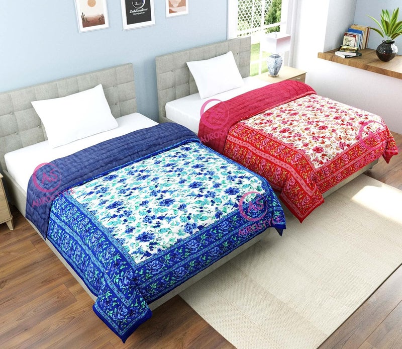 WORLDNEX 400 TC Pure Cotton Jaipuri Design Printed Light Weight Traditional Rajasthani Print Single Bed QuiltRazaiRajai Design 10 Single Bed Set of 2 Combo Set - Image 5