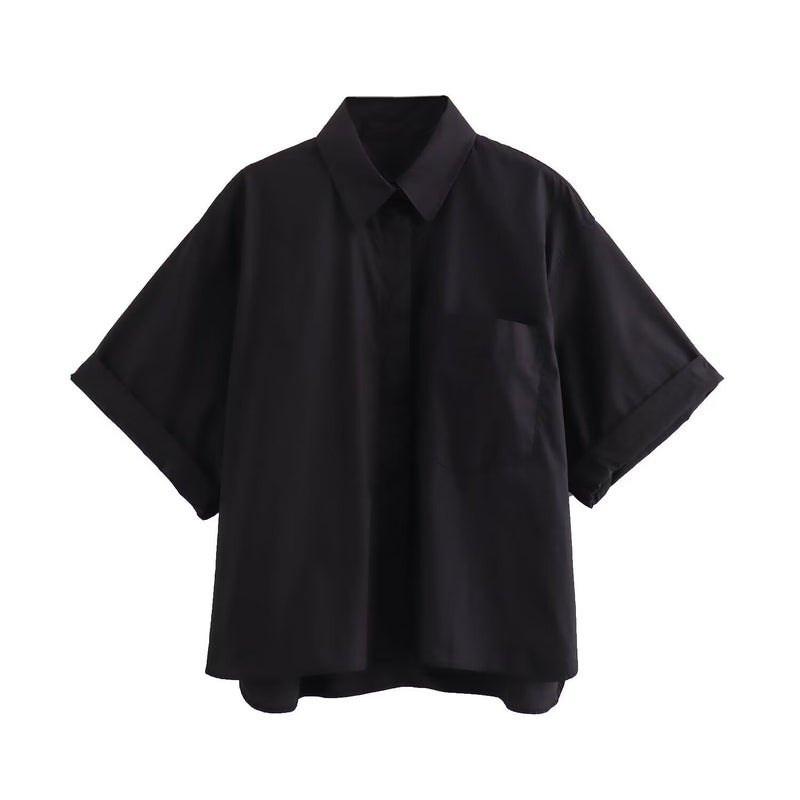 ZR Womens Clothing European and American Style 2024 Summer New Casual Style Loose All-match Pocket Poplin Short Shirt AC Black - Image 1