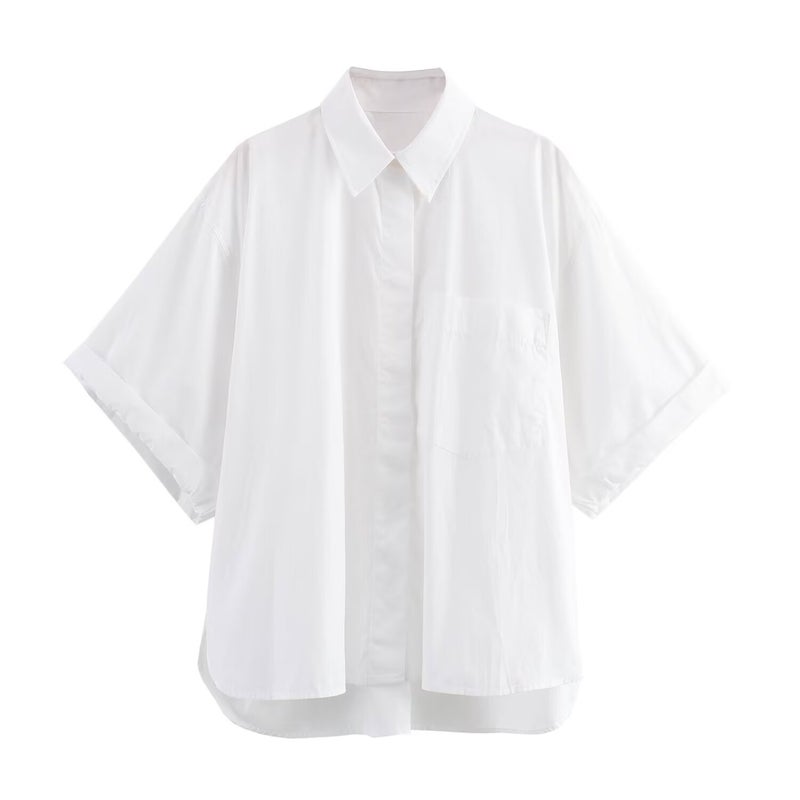 ZR Womens Clothing European and American Style 2024 Summer New Casual Style Loose All-match Pocket Poplin Short Shirt AC Black - Image 2