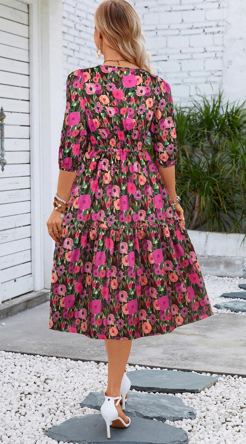 Kormei Women Summer Casual Boho Floral Round Neck 3/4 Sleeve Smocked Waist Tiered Flowy Swing Midi Dress L Green/Purple - Image 3