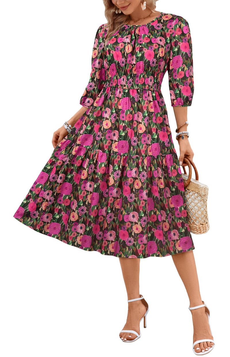 Kormei Women Summer Casual Boho Floral Round Neck 3/4 Sleeve Smocked Waist Tiered Flowy Swing Midi Dress L Green/Purple - Image 2