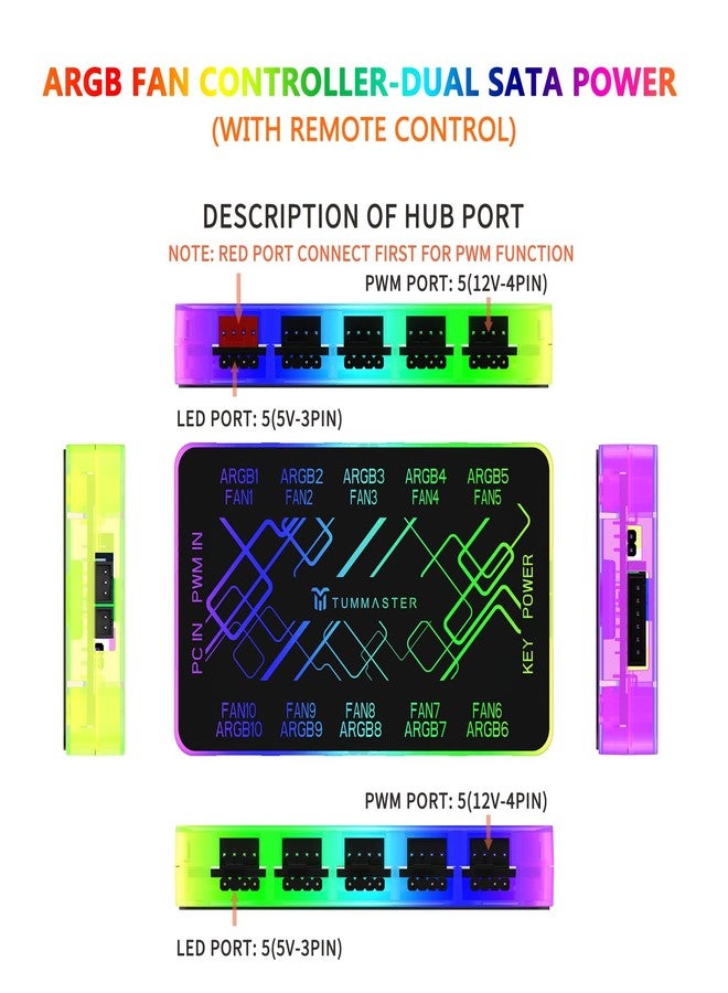 TUMMASTER ARGB Fan HUB, 9/10 Port 4 Pin PC Fan Controller, 5V-3Pin LED Hub, Magnetic Suction, SATA Power Input,RF Remote & Chassis Key Control,Controller Support ARGB PWM Fans Splitter (J-10 Pro) - Image 3