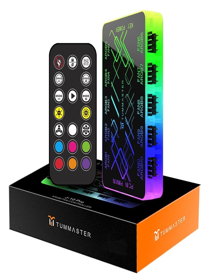 TUMMASTER ARGB Fan HUB, 9/10 Port 4 Pin PC Fan Controller, 5V-3Pin LED Hub, Magnetic Suction, SATA Power Input,RF Remote & Chassis Key Control,Controller Support ARGB PWM Fans Splitter (J-10 Pro) - Image 1