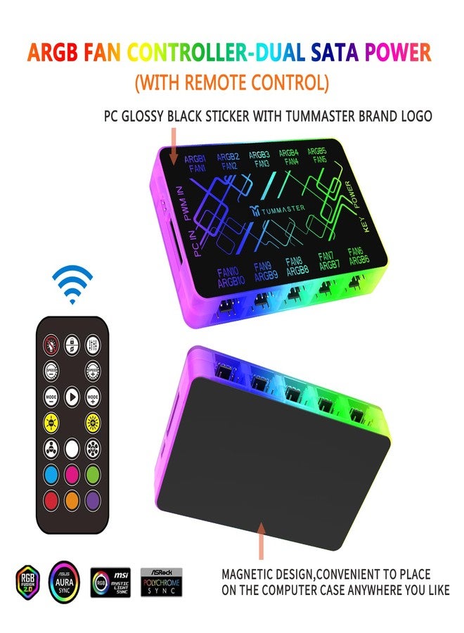 TUMMASTER ARGB Fan HUB, 9/10 Port 4 Pin PC Fan Controller, 5V-3Pin LED Hub, Magnetic Suction, SATA Power Input,RF Remote & Chassis Key Control,Controller Support ARGB PWM Fans Splitter (J-10 Pro) - Image 5