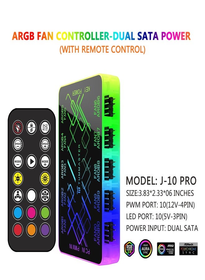 TUMMASTER ARGB Fan HUB, 9/10 Port 4 Pin PC Fan Controller, 5V-3Pin LED Hub, Magnetic Suction, SATA Power Input,RF Remote & Chassis Key Control,Controller Support ARGB PWM Fans Splitter (J-10 Pro) - Image 2