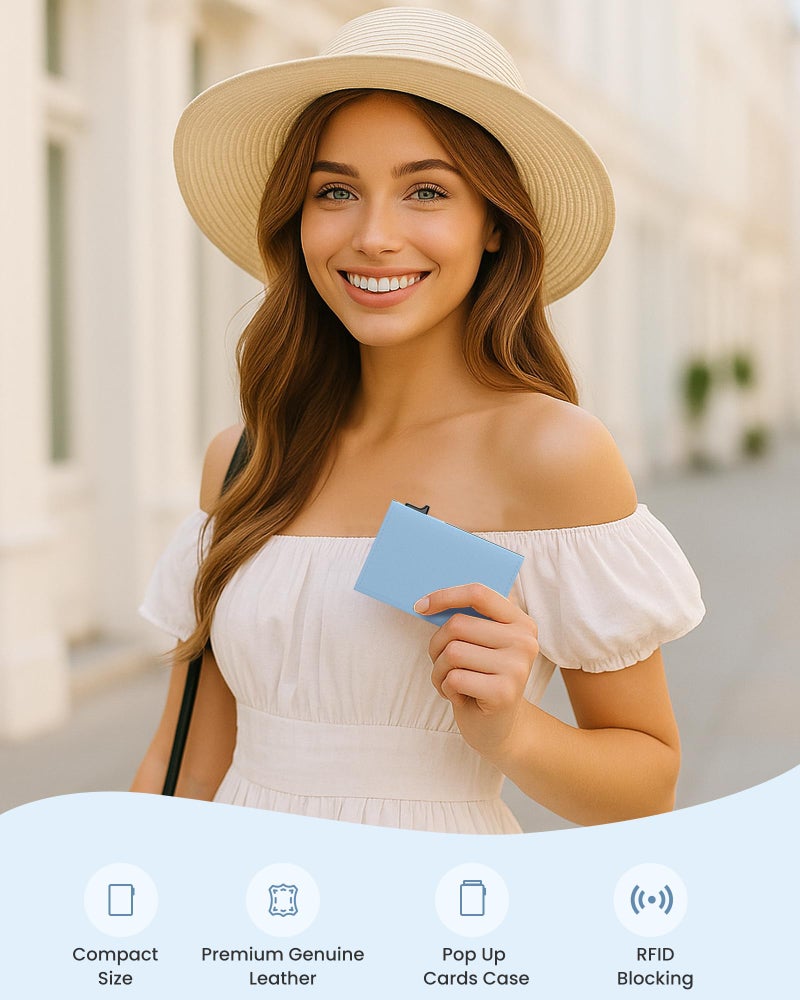 typecase Womens Wallet Card Holder: Pop Up Card Case, Genuine Leather, RFID Blocking, Slim, Minimalist, Thin, Small Size - 9-14 Card Capacity, ID Window, Cash Pocket (Blue) - Image 2