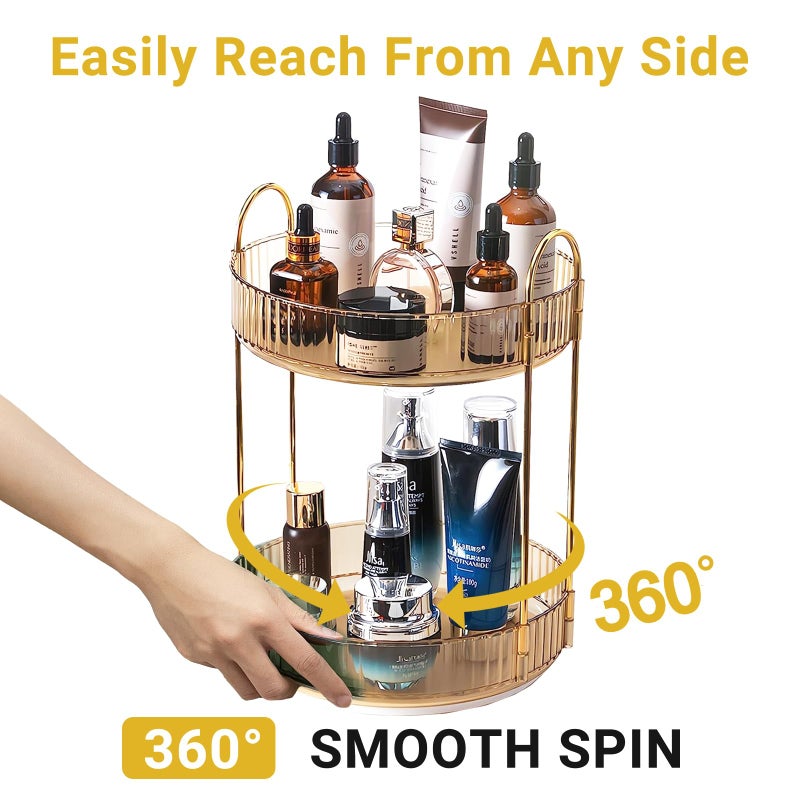 Asayuee 360 Rotating Gold Makeup Organizer,2 Tier Large Capacity Rotating Makeup Organizer,SkincarePerfume Organizer,Bathroom Cosmetics Storage Organizer Countertop (Gold-2 Tier) - Image 3