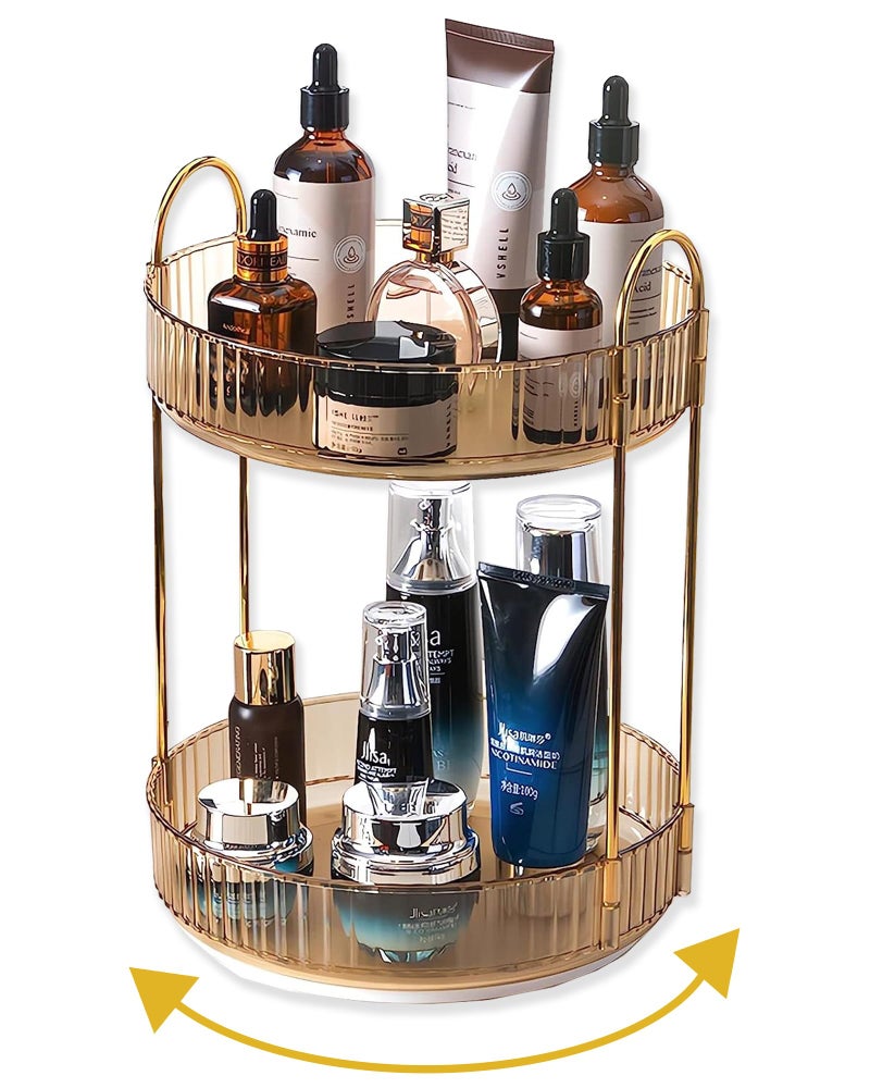 Asayuee 360 Rotating Gold Makeup Organizer,2 Tier Large Capacity Rotating Makeup Organizer,SkincarePerfume Organizer,Bathroom Cosmetics Storage Organizer Countertop (Gold-2 Tier) - Image 1