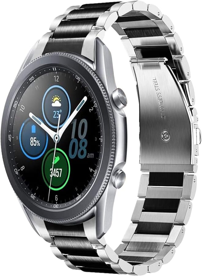 V-MORO Metal Strap Compatible with Galaxy Watch 3 Bands 45mm Men, No Gaps Solid Stainless Steel Bracelet Business Repalcement for Samsung Galaxy Watch 3 45mm Smartwatch Black/Silver