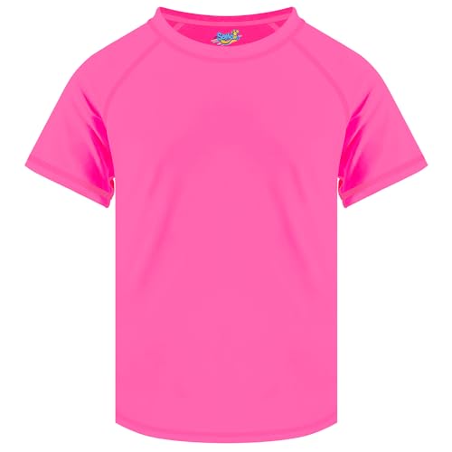 Semois Girls Rash Guard Neon Pink Swim Shirt Short Sleeve for Toddler Kids Rashguard Water Shirt UPF+ 50 Swimming Shirt 3T - Image 1