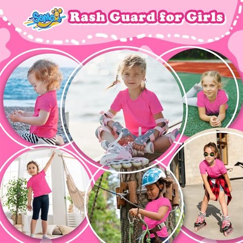 Semois Girls Rash Guard Neon Pink Swim Shirt Short Sleeve for Toddler Kids Rashguard Water Shirt UPF+ 50 Swimming Shirt 3T - Image 4