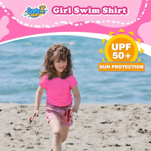 Semois Girls Rash Guard Neon Pink Swim Shirt Short Sleeve for Toddler Kids Rashguard Water Shirt UPF+ 50 Swimming Shirt 3T - Image 3