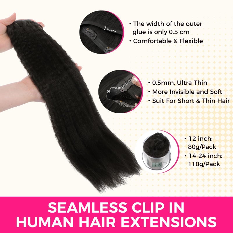 Lashey Clip in Hair Extensions Real Human Hair 110g Kinky Straight Seamless Clip in Hair Extensions Natural Black 14 Inch Human Hair with Invisi Edge for Black Women - Image 3