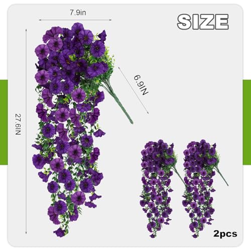 ADXORA Fake Artificial Hanging Morning Glory Flowers for Outdoor Planters Porch Pation Decoration2 PCS UV Resistant Silk Faux Flowers with Realistic Eucalyptus Plants for Home Office Garden Decor - Image 3