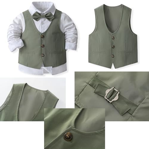 Kimocat Baby Boys Gentleman Bowtie Formal Outfit Suits Tuxedo Vest Wedding Party Suit Olive Green - Image 3
